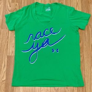 Under Armour V-Neck Green Athletic Tee with “ Race Ya” Logo  - Adult Medium